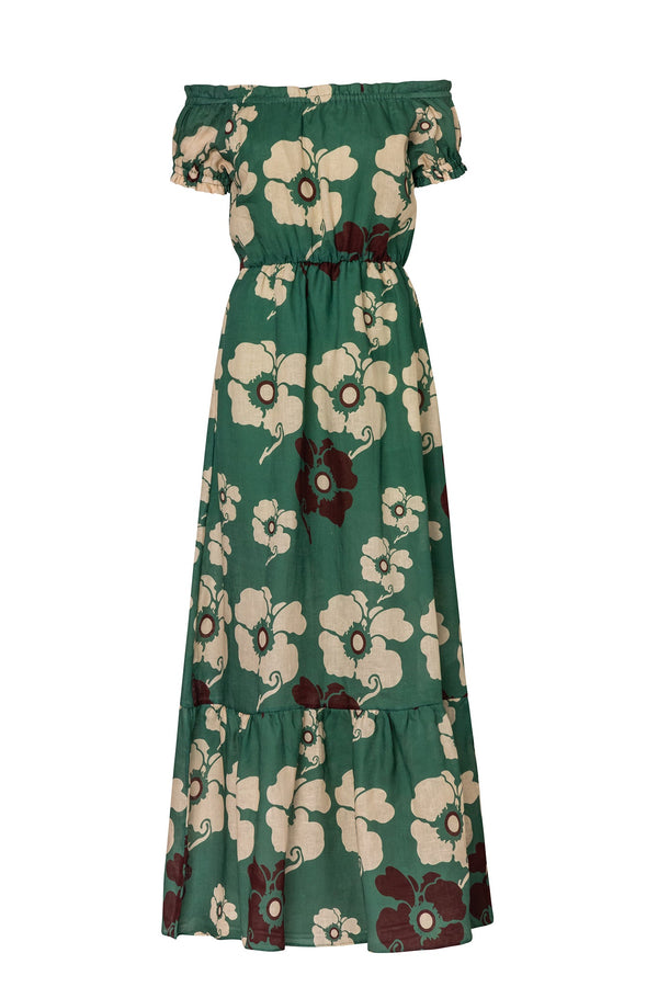 Julia Linen Maxi Dress / Emerald Green Maxi Ivory Flowers